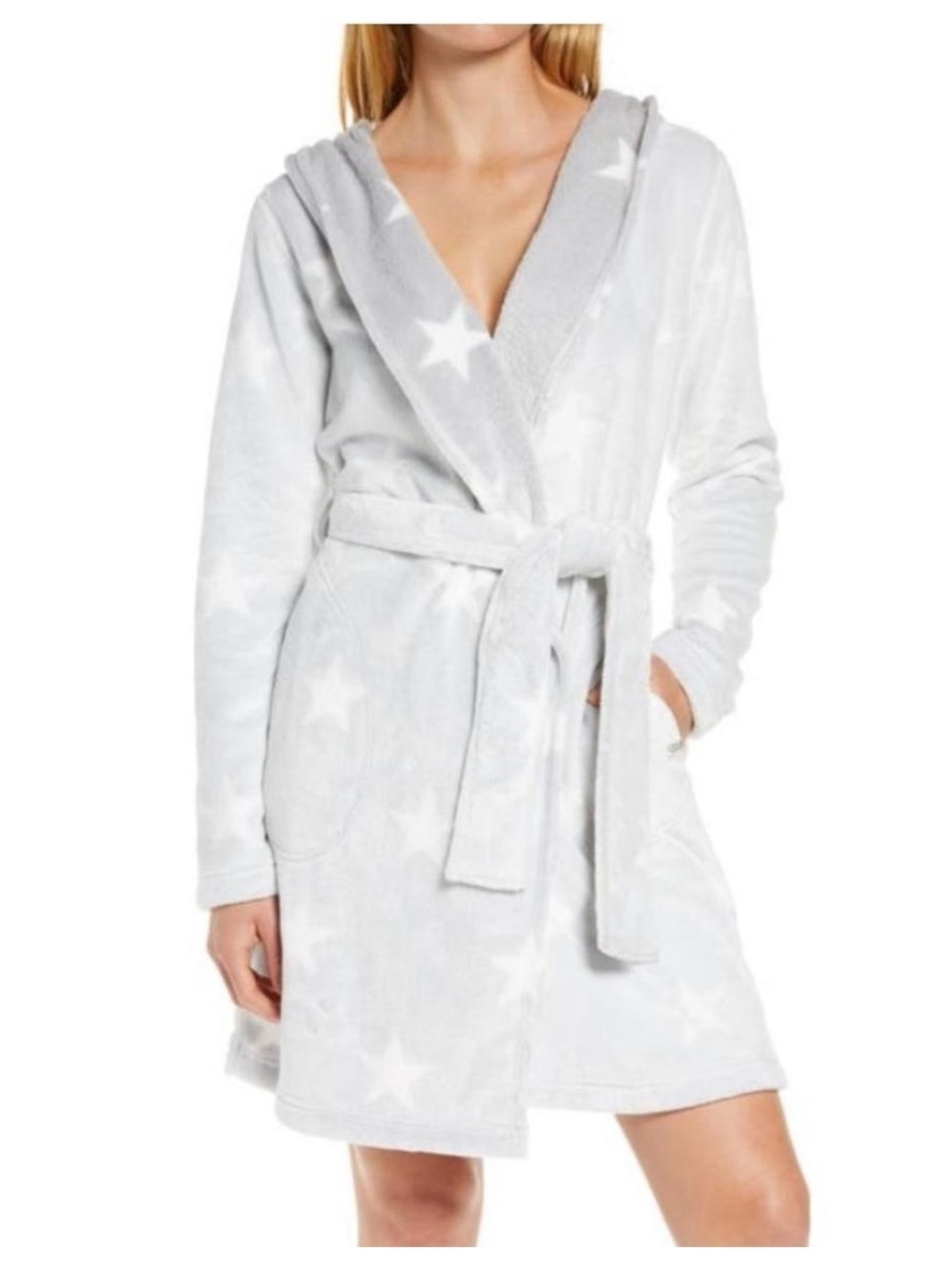 UGG Women's Miranda Plush Velour Hooded Robe Gray White Stars M
